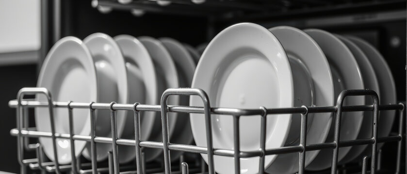 Clean plates arranged neatly in dishwasher, showcasing modern kitchen appliance. image highlights organization and cleanliness