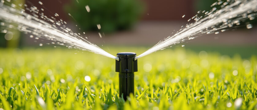 Garden sprinkler sprays water across lush green lawn, creating refreshing scene of irrigation and growth