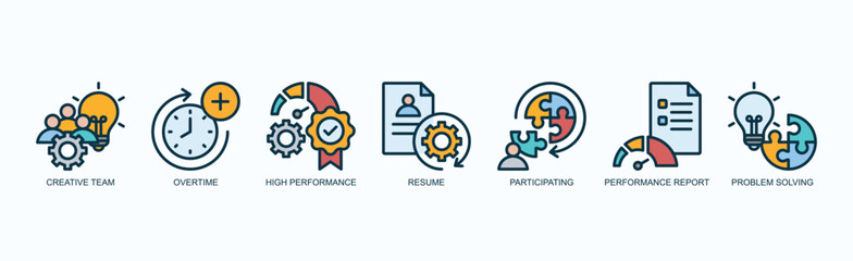 Team Performance Icon Set Isolated Vector With Icon Of Creative Team, Overtime, High Performance, Resume, Participating, Performance Report, Problem Solving In Outline Color Style