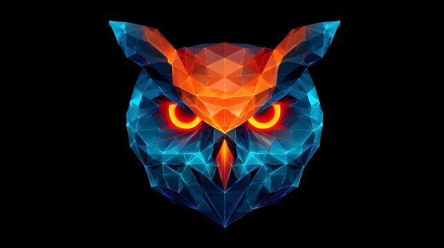 Cyber owl logo in low-poly geometric style with glowing orange and cyan lights Concept: intelligence, speed, advanced technology, AI startups, tech companies, crypto brands, digital innovation platfor