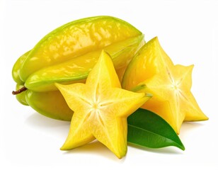 Fototapeta premium Close-up of whole and sliced starfruit showcasing its vibrant yellow color and distinctive star shape.