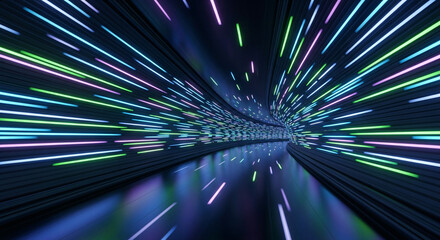 Abstract Neon Light Tunnel Speed Motion Blur Futuristic Digital Data Stream