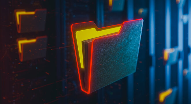 Data security in cyberspace is reflected with neon-outlined folder, a glowing digital emblem representing the secure storage of data within cyberspace.
