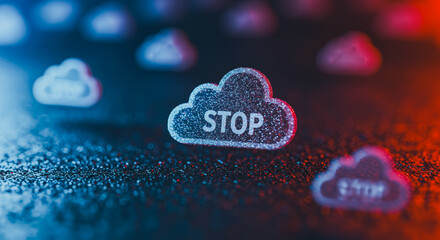 Close-up shot of a cloud-shaped button with the word STOP illuminated in a futuristic digital environment.