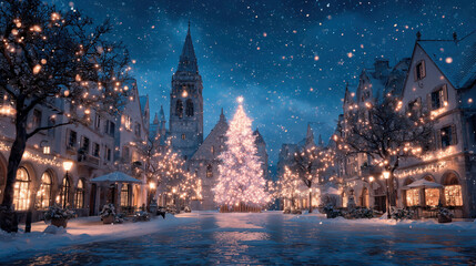 Enchanted winter village sparkles under a starry sky with a grand Christmas tree illuminating the festive atmosphere