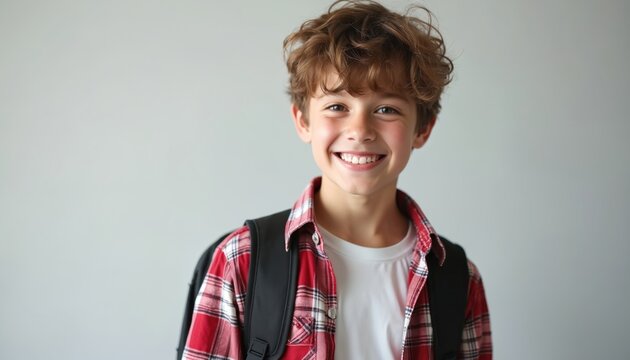 Smiling boy wearing backpack and plaid shirt looks forward with happy expression. Young student ready for school with his bookbag over shoulders. Youthful cheerful male posing for portrait indoors.