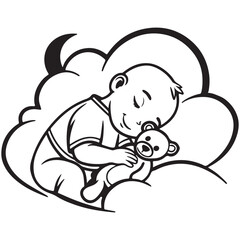 Fototapeta premium A baby sleeping with a teddy bear on a cloud isolated on white background in vector format for children