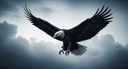 Obraz premium Powerful Eagle Flying in a Dramatic Cloudy Sky with Wings Spread