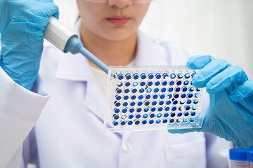 Scientist with cell culture in sample micro plate for research in science laboratory.