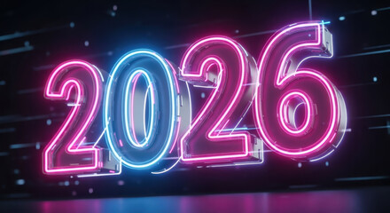 Neon 2026 Year Sign &ndash; Futuristic Glowing Numbers on Dark Wall