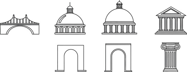 Iconic Architecture and Engineering Structures Set: Bridge, Dome, Temple, Arch, and Classic Column for Travel, History, and Design.