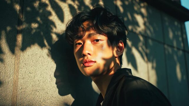 young Asian Korean man standing at street wall with leaves shadow on his face 