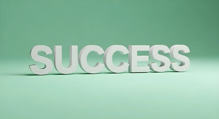 成功への道：ビジネスの成長と目標達成を象徴する3D「SUCCESS」テキスト、ミントグリーンの背景