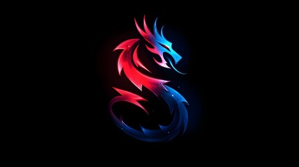 Obraz premium Futuristic dragon logo with glowing red and blue neon gradient, digital fire effect. Concept: innovation, power, dominance, technology,gaming, esports, AI startups, crypto brands, futuristic digital c