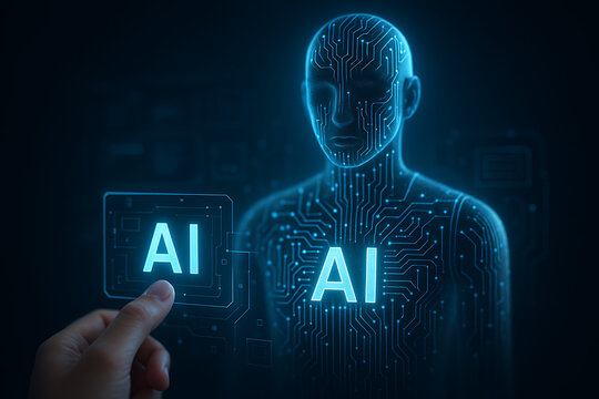 A digital representation of a human body formed by circuits and glowing AI text, with a finger interacting with an AI button.