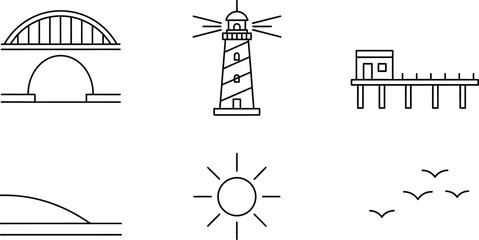 Bridge, Lighthouse, Pier, Ocean Horizon, Sun, and Seagulls - Minimal Vector Clipart for Web and Print.