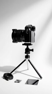 Modern black camera on tripod with accessories, minimal monochrome studio setup