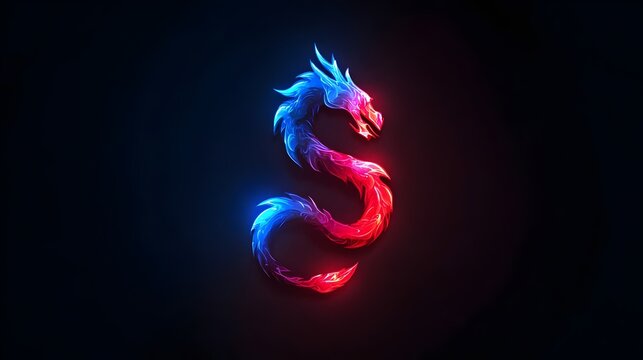 Futuristic dragon logo with glowing red and blue neon gradient, digital fire effect. Concept: innovation, power, dominance, technology,gaming, esports, AI startups, crypto brands, futuristic digital c