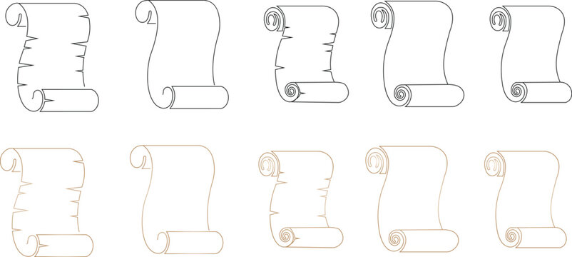 Old scroll paper icon set, antique parchment, vintage manuscript, and rolled document collection, ancient writing and medieval paper group in black line, and gradient style vector illustration