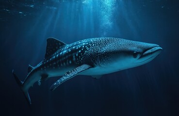 Fototapeta premium Large whale glides through dark deep ocean water. Sunlight beams filter from above creating glow. Underwater marine life swims near this gentle giant.