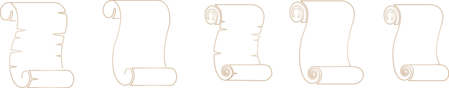 Old scroll paper icon set, antique parchment, vintage manuscript, and rolled document collection, ancient writing and medieval paper group in black line, and gradient style vector illustration