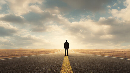 Solitary man silhouette standing alone on a long desert highway at sunset, contemplating his life's journey and future path under a dramatic sky.
