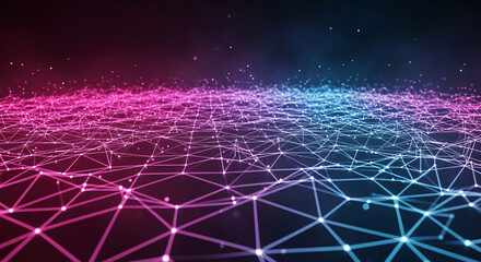 Abstract Network Grid with Glowing Nodes and Particles in Neon Pink and Blue Light