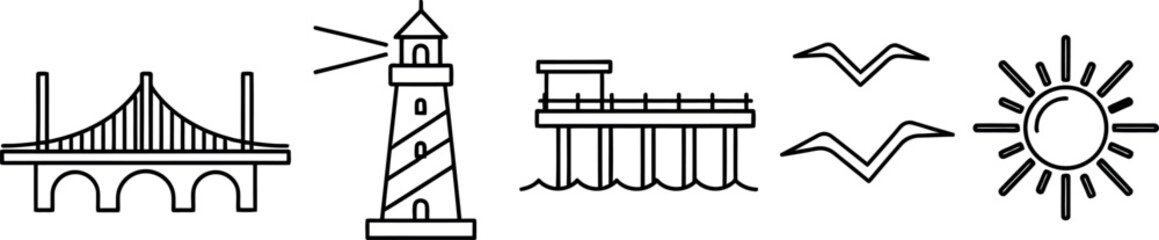 Nautical Coastal Line Art Set: Bridge, Lighthouse, Pier, Seagulls, and Sun Icons - Minimalist Black and White Vector Symbols for Travel and Tourism Design.