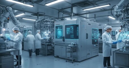 Scientists in a modern laboratory with advanced robotic arms and digital displays. - Powered by Adobe