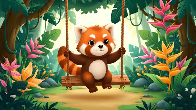 Cartoon red panda swinging in lush jungle environment digital illustration