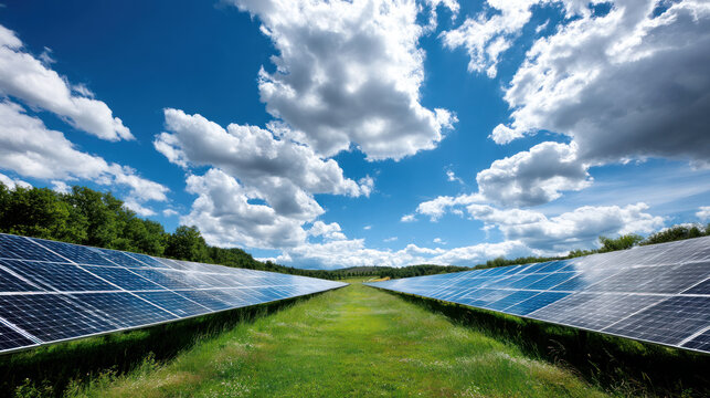 Time-lapse view of clouds moving over solar panels in a green meadow. Environment and green energy concept, demonstrating sustainable business practices, renewable energy