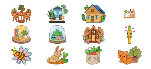 Collection of cute pixel art home and garden objects