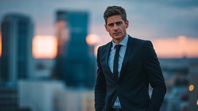 Caucasian businessman confident look at camera with modern high rise building as background 