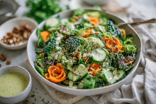 Healthy salad with seed oil dressing - Powered by Adobe