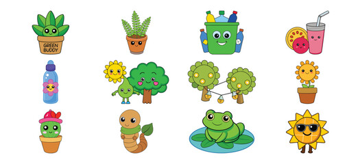 Obraz premium Cute pixel art environmental icons, vector illustration
