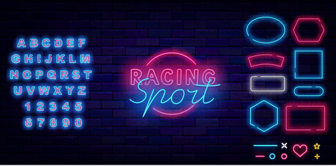 Racing sport neon label with circle border. Geometric frames set. Speed car tournament. Vector stock illustration