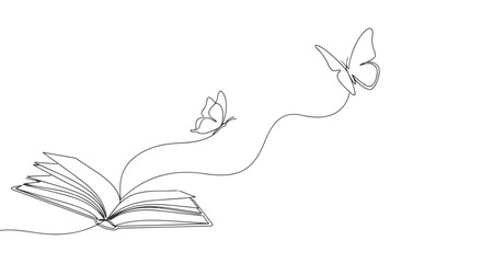 One line, continuous art Book and Butterflies in single line drawing style