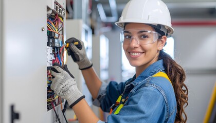 Skilled female electrician working on electrical panel in industrial setting.