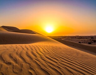 A mesmerizing desert landscape with rolling sand dunes, bathed in the warm glow of a setting sun. The sky is alight with vibrant hues
