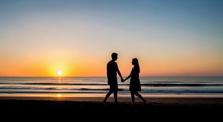 Fototapeta premium Romantic Couple Walking Silhouette Hand in Hand at Sunset on Beach
