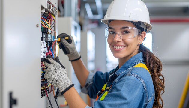 Skilled female electrician working on electrical panel in industrial setting.