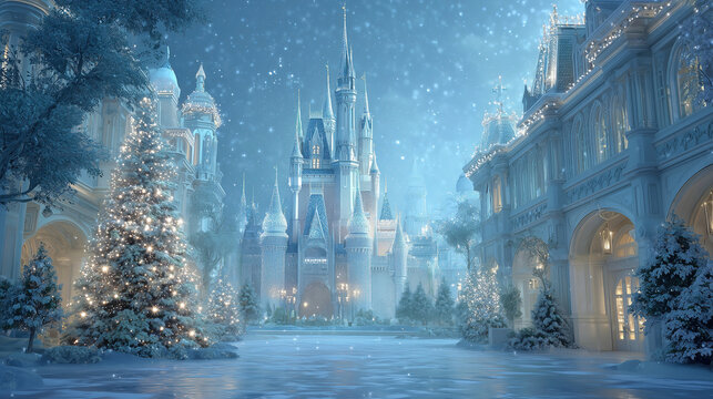 Enchanted winter wonderland with a majestic castle and sparkling snowflakes during a magical night