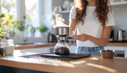 Woman brewing coffee in a modern kitchen with natural light.