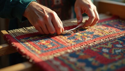 Naklejka premium Hands weaving traditional rug on a loom. Person making handmade carpet, using colorful threads and fibers. Artisan creating a detailed pattern on a textile, close-up view of the hands and the rug.