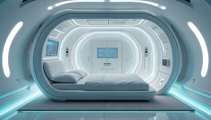 Fototapeta premium Futuristic bedroom design with smart tech. Interior shows a bed display screens and ambient lighting. It is a room from a sci-fi movie. Modern sleep system concept