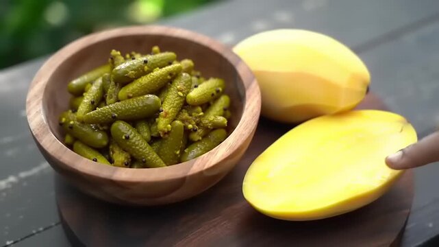 Mango and pickle served in wooden bowl.