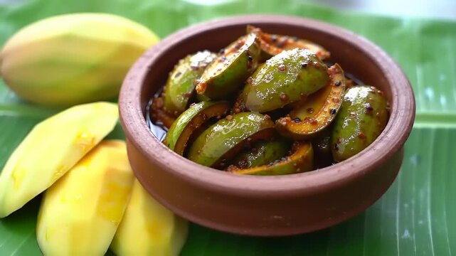 Mango pickle in a bowl on banana leaf.