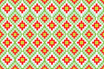 seamless floral pattern, A vibrant geometric pattern featuring red, yellow, and green diamond shapes arranged in a symmetrical grid. The repeating design creates a lively and colorful mosaic effect .