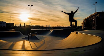 Skateboarder in Action at Sunset in Skate Park