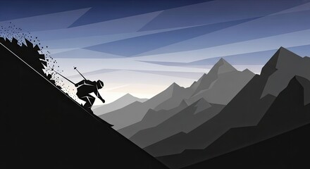 Skiing Silhouette Over Mountain Peaks with Dynamic Sky